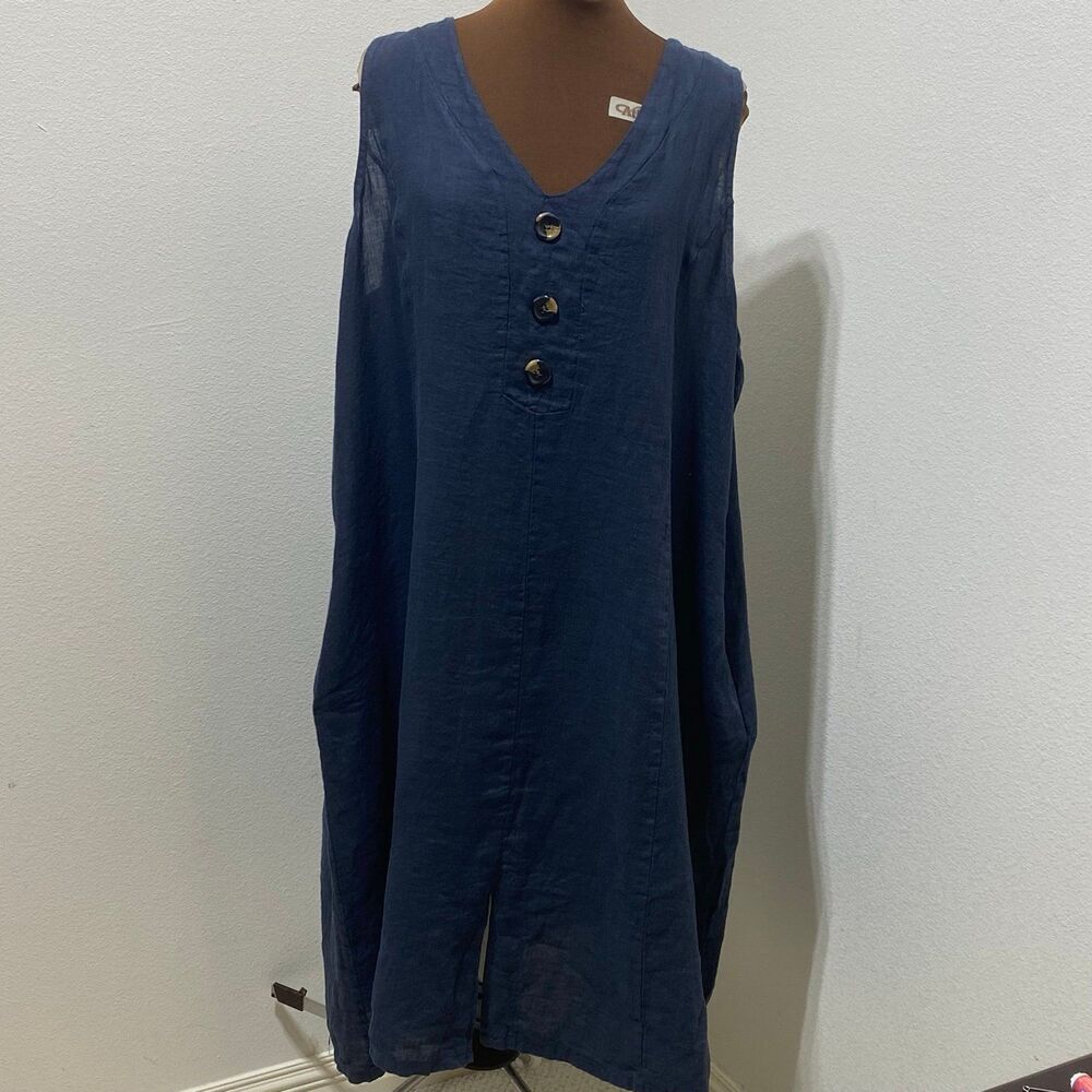 Alessia Pacini 100% Linen Dress Size 1X Dark Blue Pockets Sleeveless Long Italy